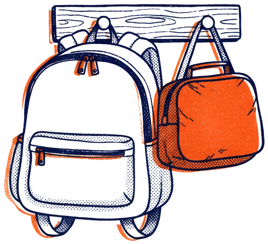 Illustration of a school backpack and a lunch bag hanging from a wooden hook rail