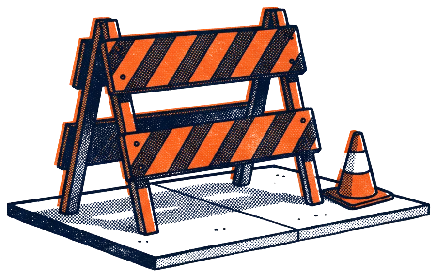 Illustration of an orange-and-white striped road barrier with a traffic cone