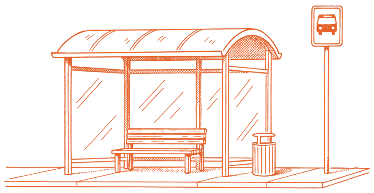 Illustration of a city bus stop shelter with a bench, a trash can and a bus-stop sign