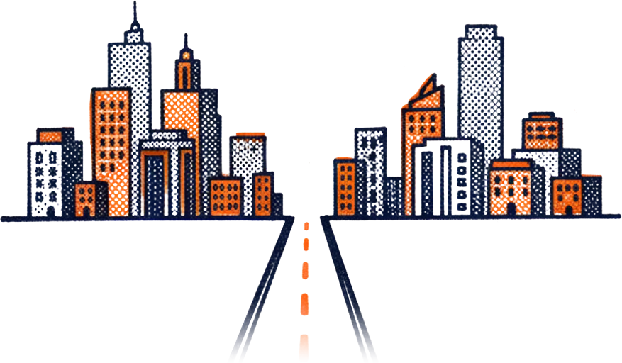 Illustration of two small city skylines joined by a road with an orange line