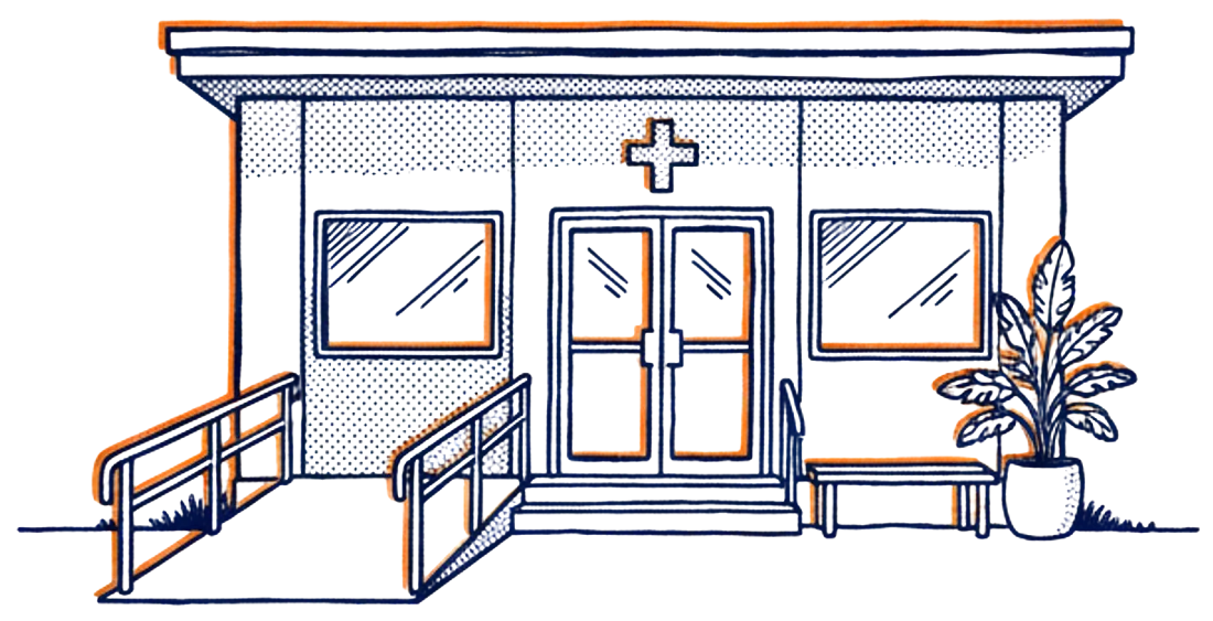 Illustration of a single-storey neighborhood clinic with glass doors, a cross over the entrance, a ramp with a handrail and a bench