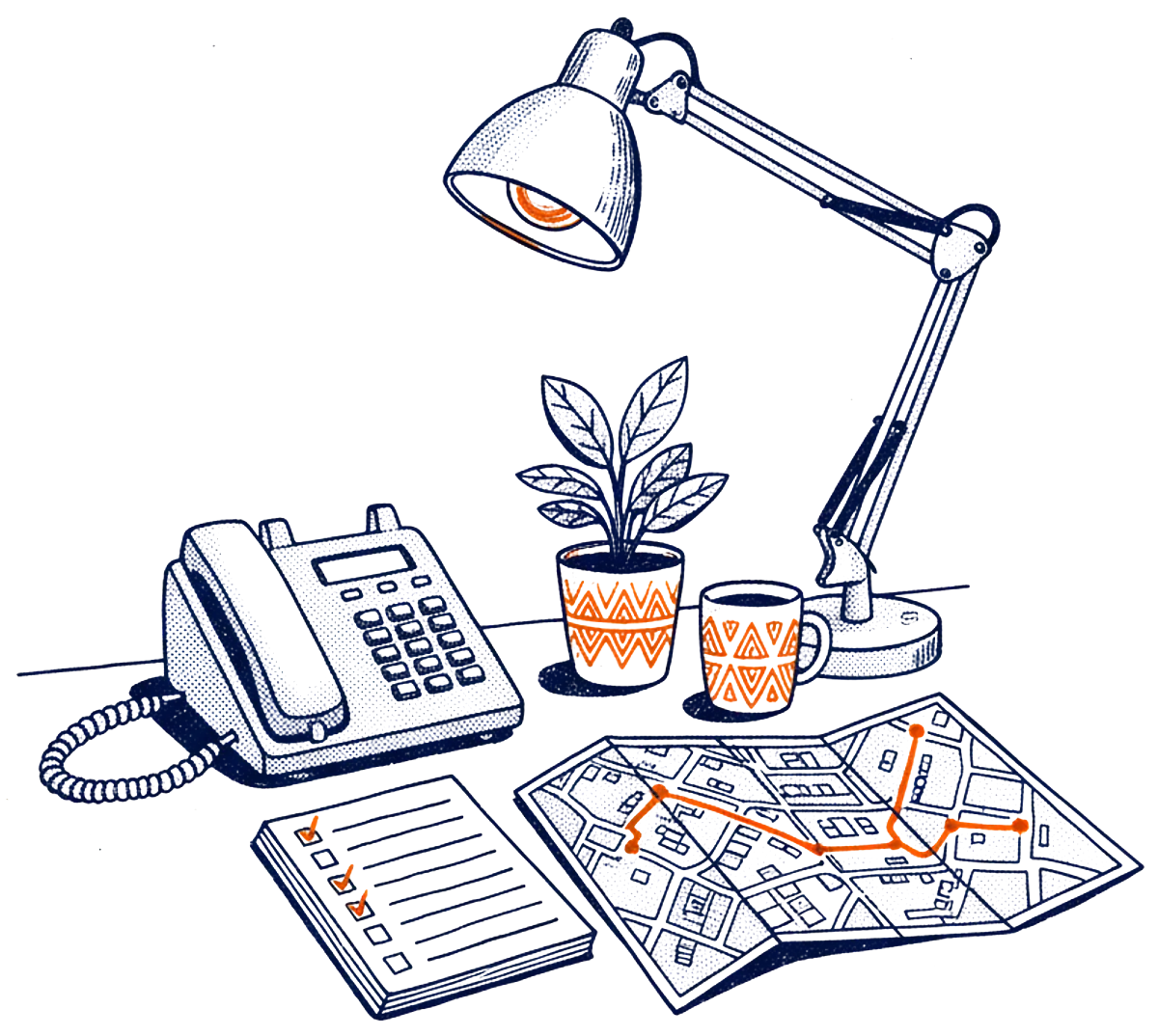 Illustration of a coordinator’s desk: a telephone, a notebook checklist, a neighborhood map with an orange route, a mug and a lamp