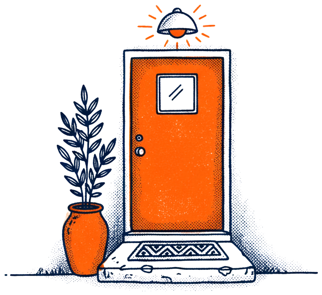 Illustration of an orange front door with a light above it, a doormat, two steps and a potted plant