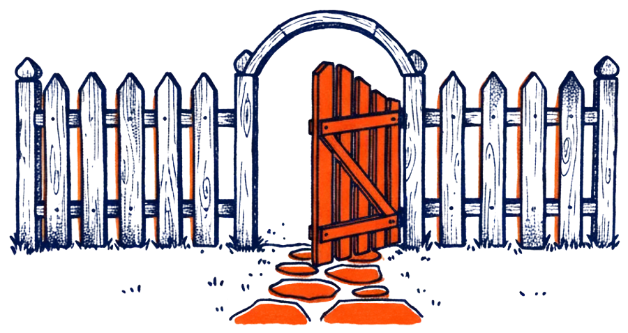 Illustration of a picket fence with its orange gate open and a stepping-stone path