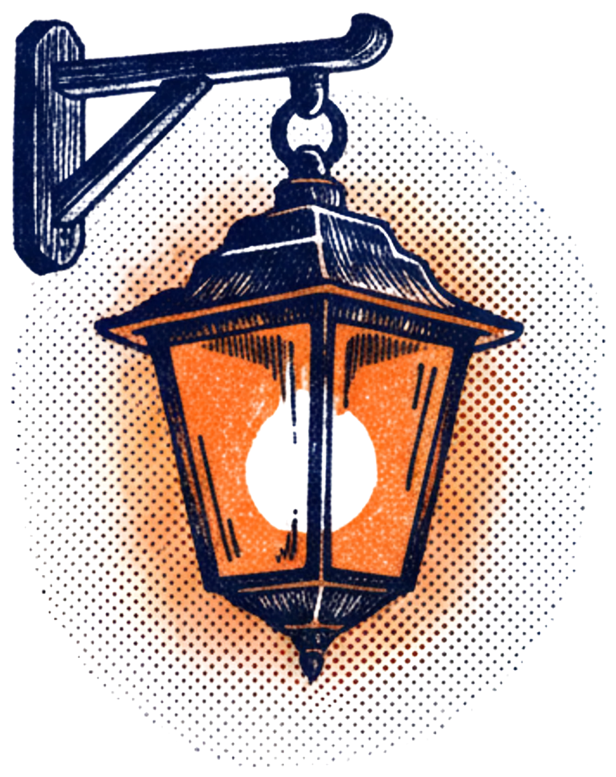 Illustration of a lit porch lantern hanging from a bracket