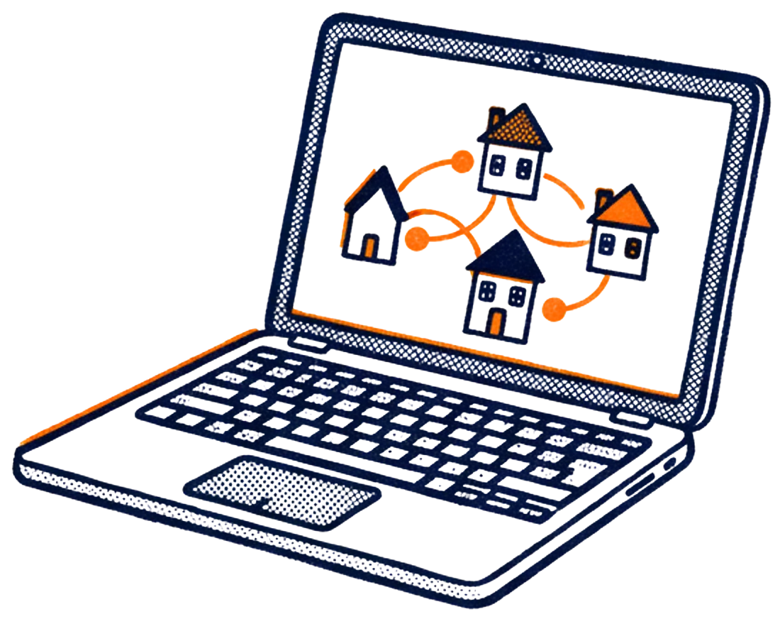 Illustration of a laptop showing three houses joined by orange lines