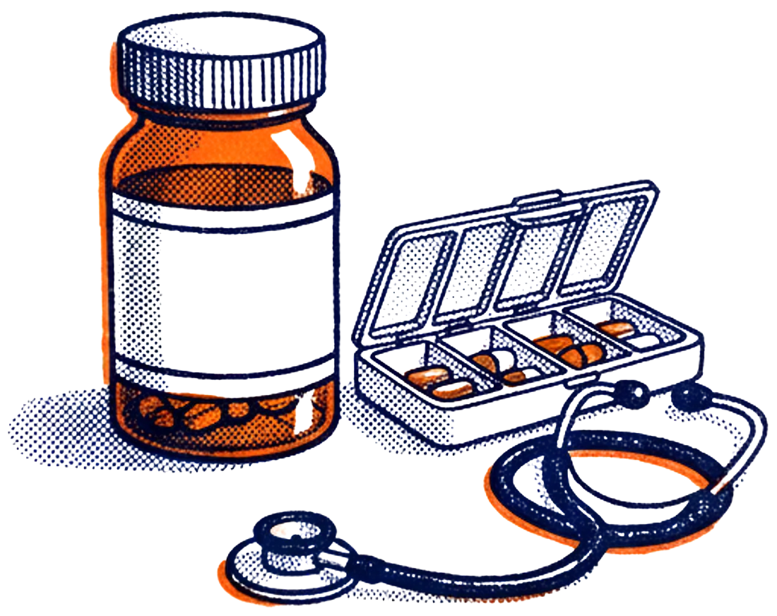 Illustration of a pill bottle, a weekly pill organizer and a stethoscope