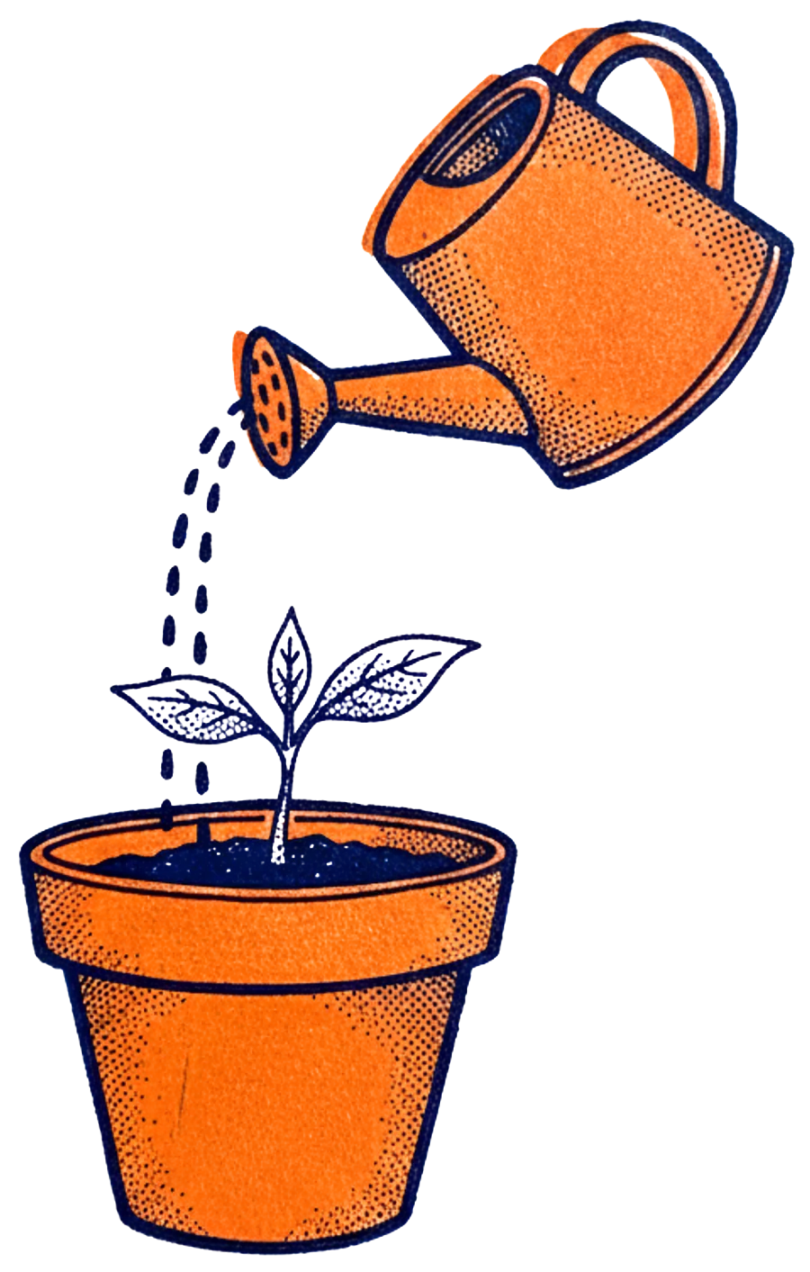 Illustration of a watering can watering a seedling in a clay pot
